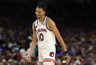 Chad Baker-Mazara (#10) of the Auburn Tigers reacts during the second half in the Final Four game of the NCAA Men's Basketball Tournament against the Florida Gators at the Alamodome on April 05, 2025 in San Antonio, Texas. Photo: Getty
