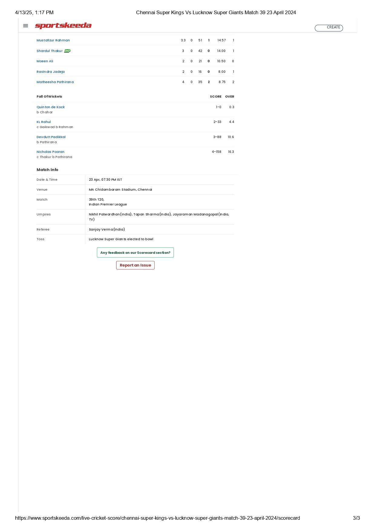 CSK vs LSG IPL 2024 scorecard.