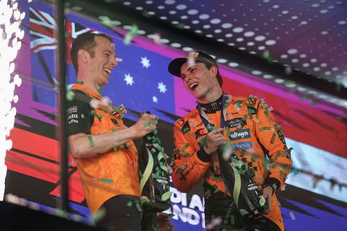 Piastri celebrates on the podium during the F1 Grand Prix of Saudi Arabia- Source: Getty