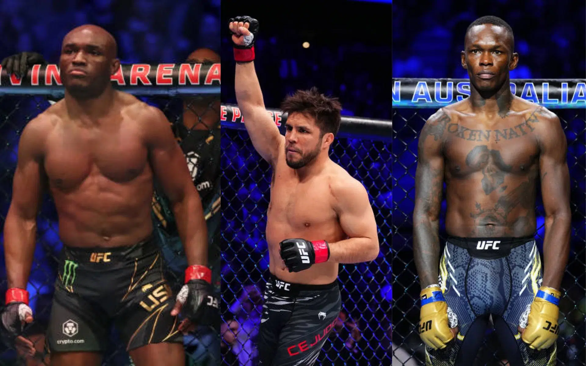 Kamaru Usman (left), Henry Cejudo (center) and Israel Adesanya (right) joke about losing streak [Image credits: Getty Images]