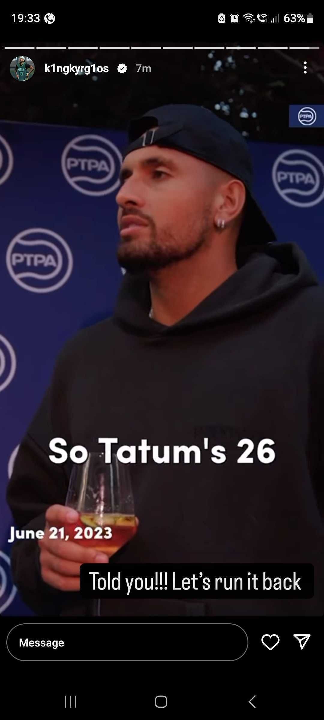 Nick Kyrgios&#039; Instagram Story | Image: Instagram @k1ngkyrg1os