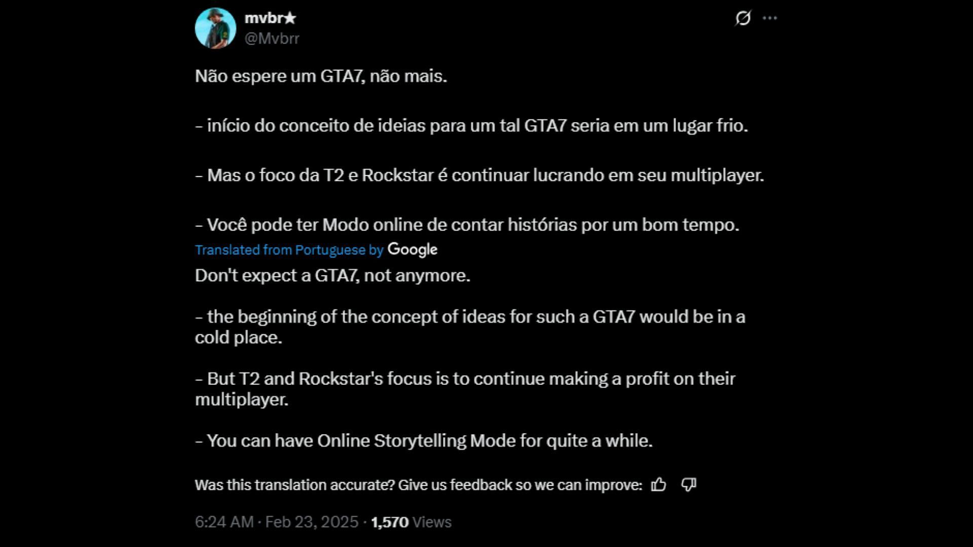 @Mvbrr&#039;s translated tweet about not expecting a GTA 7 (Image via X)