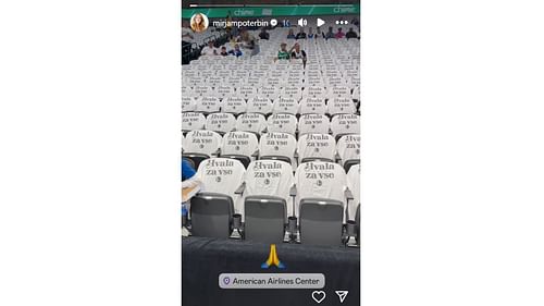 Luka Doncic's mother, Mirjam Poterbin, reacts to the scene inside American Airlines Center before the Lakers-Mavericks showdown in Dallas on Wednesday. [photo: @mirjampoterbin/IG]