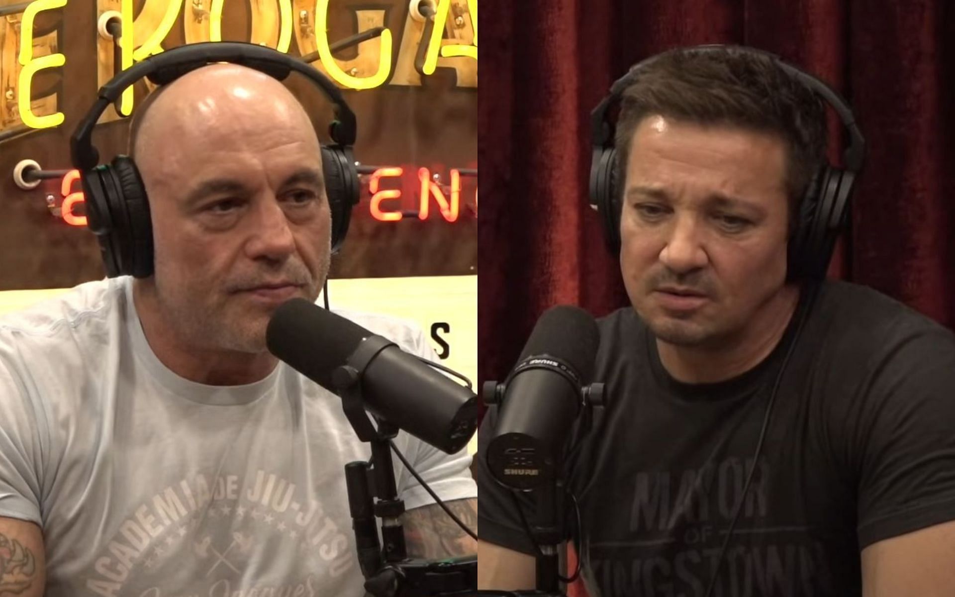 Joe Rogan (left) and Jeremy Renner (right) talk about mental health and suicide. [Image credit: PowerfulJRE on YouTube]