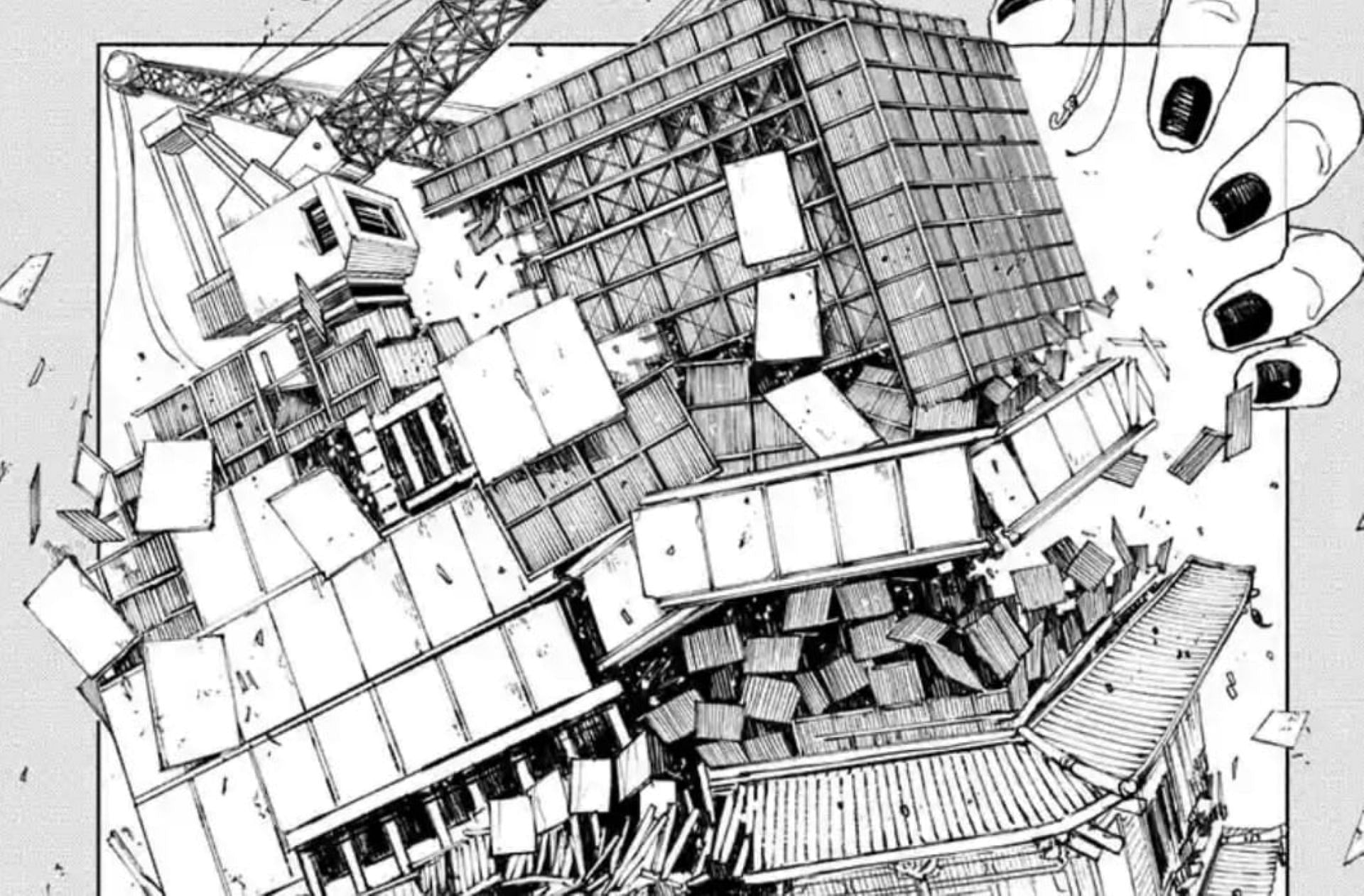 Hiruhiko destroys the Kyoto Massacre Hotel with Play (Image via Shueisha)