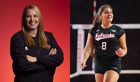 Nebraska volleyball coach Dani Busboom Kelly reacts to former Husker star Lexi Rodriguez winning historic award