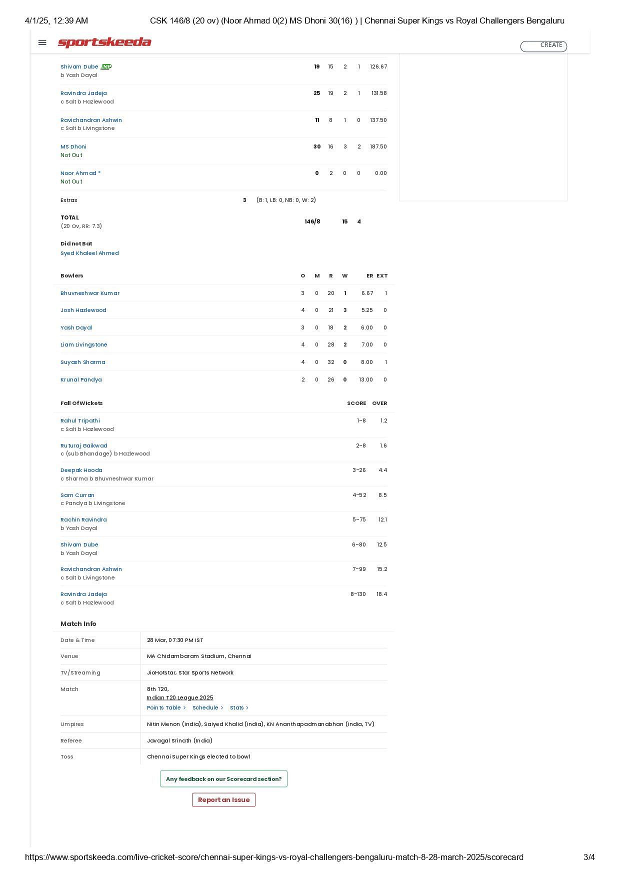 RCB vs CSK IPL 2025 scorecard.