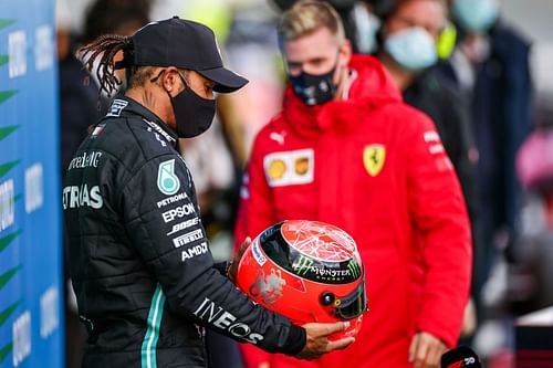 Lewis Hamilton and Mick Schumacher after the 2020 Eifel Grand Prix - Source: Getty