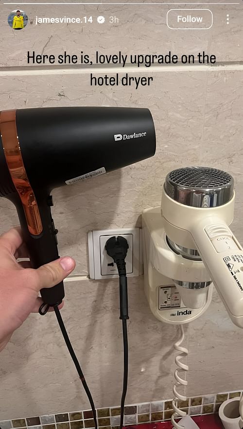 James Vince posts a story with the hair dryer after century in PSL 2025 match. Source - James Vince/IG