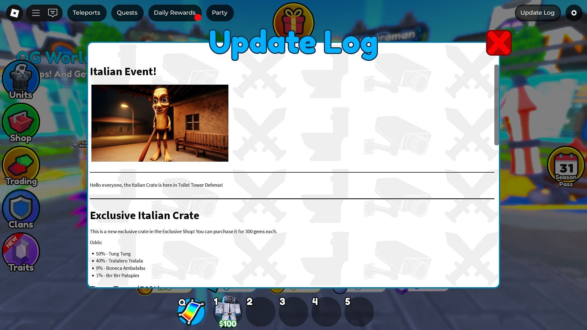 In-game update log (Image via Roblox)