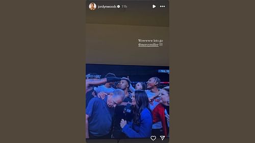 Woods hypes up Mercy Miller after his team secures a big win. (Credits: @jordynwoods/Instagram)