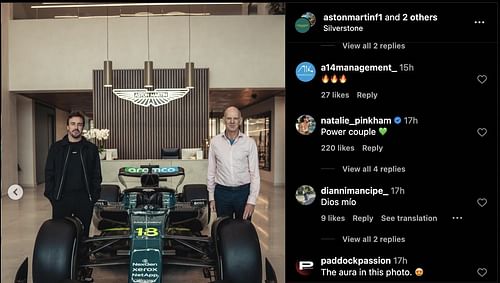 Natalie Pinkham's comment on Aston Martin's post [Image Source: @astonmartinf1/Instagram]