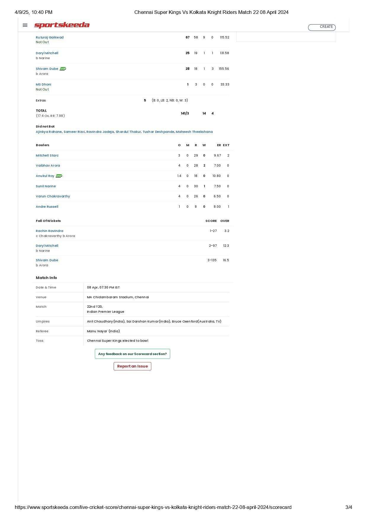 CSK vs KKR IPL 2024 scorecard.