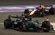 Andrea Kimi Antonelli of Italy driving the (12) Mercedes AMG Petronas F1 Team W16 leads Max Verstappen of the Netherlands driving the (1) Oracle Red Bull Racing RB21 on track. Credit: Getty Images