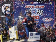 Jimmie Johnson (48) celebrates his win at the Auto Club 400 at Auto Club Speedway, March 20th 2016 - Source: Imagn