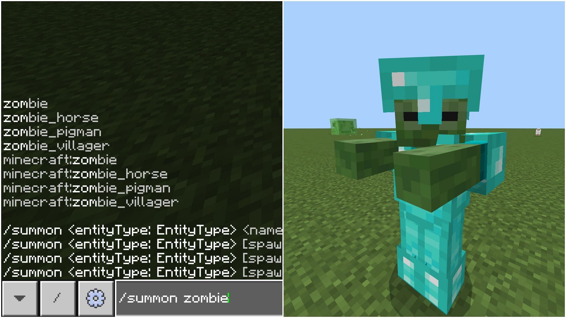 Summon a zombie and watch the creature don a full diamond armor. (Image via Sportskeeda Gaming || Mojang Studios)