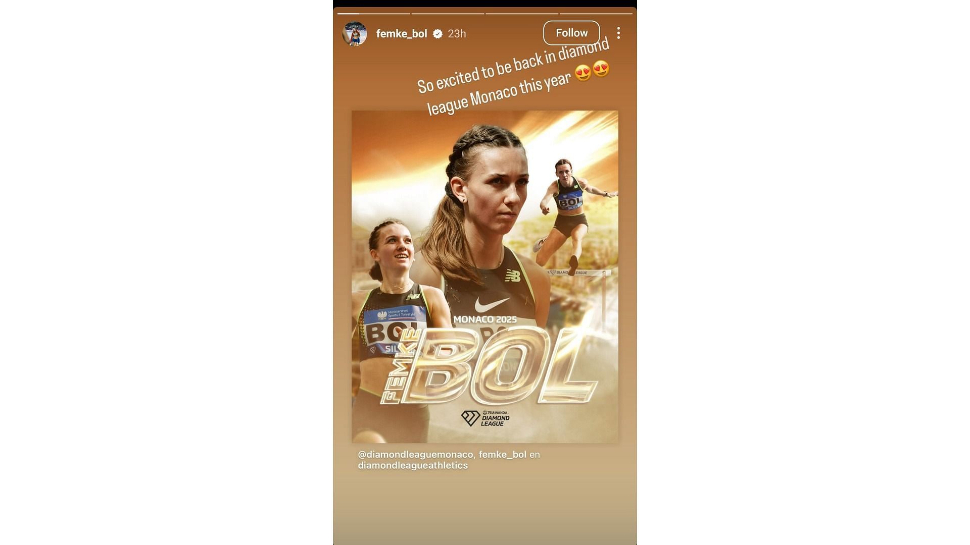 Bol&#039;s Instagram story featuring her Monaco Diamond League announcement (Image via: Bol&#039;s Instagram)