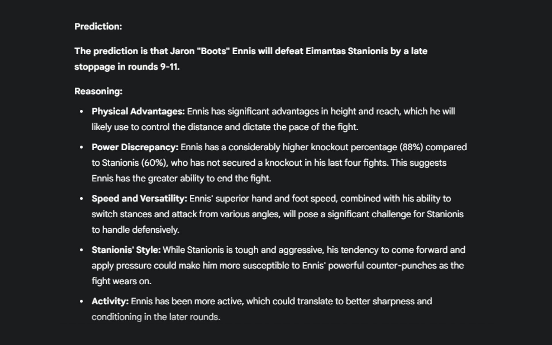 Screenshot of Google&#039;s AI prediction for the Jaron Ennis vs. Eimantas Stanionis boxing match