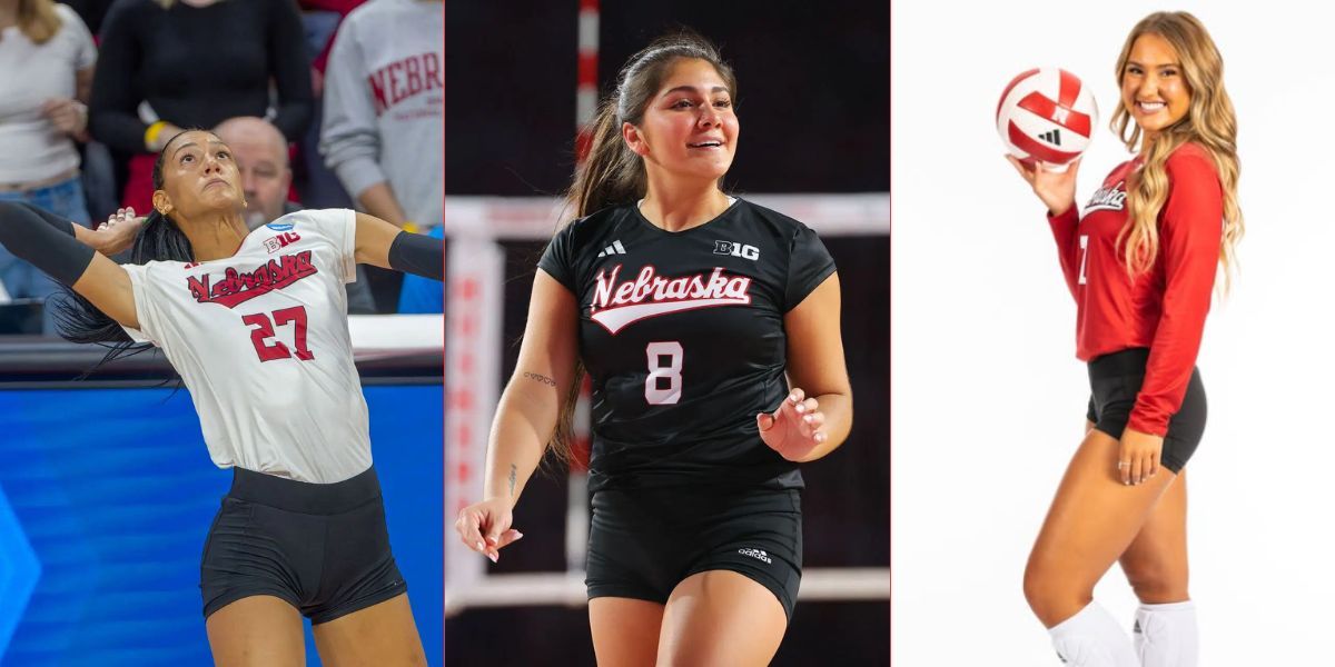 Nebraska Volleyball's Harper Murray and Maisie Boesiger react to Lexi Rodriguez being honored with Huskers Female Athlete of the Year