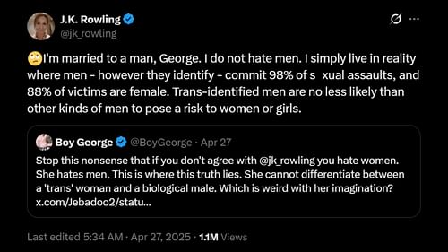 J.K. Rowling hits back at Boy George. (Image via X)