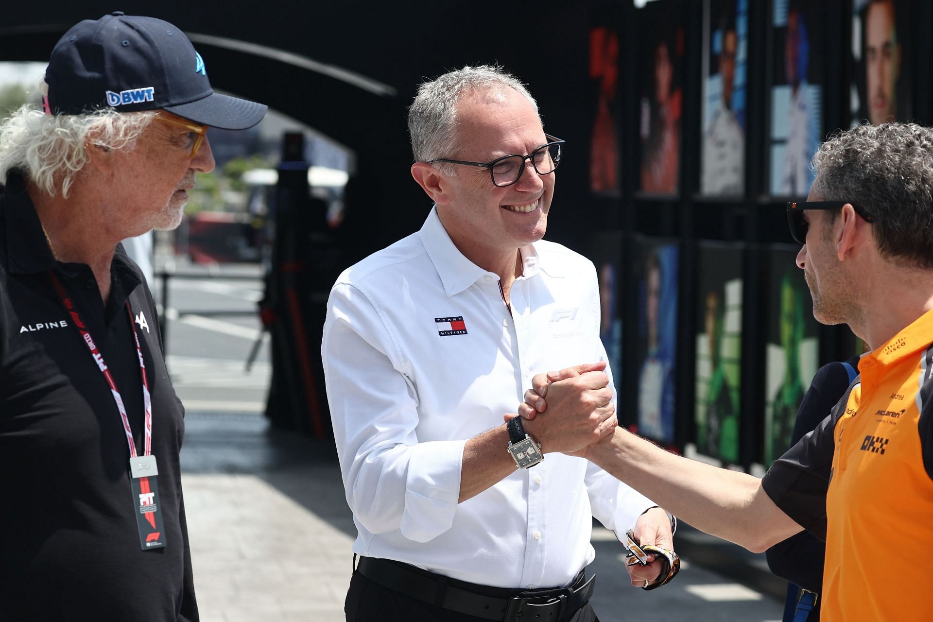 Flavio Briatore, Stefano Domenicali and Andrea Stella ahead of the Formula 1 Saudi Arabian Grand Prix at Jeddah Corniche Circuit in Jeddah, Saudi Arabia on April 20, 2025 - Source: Getty