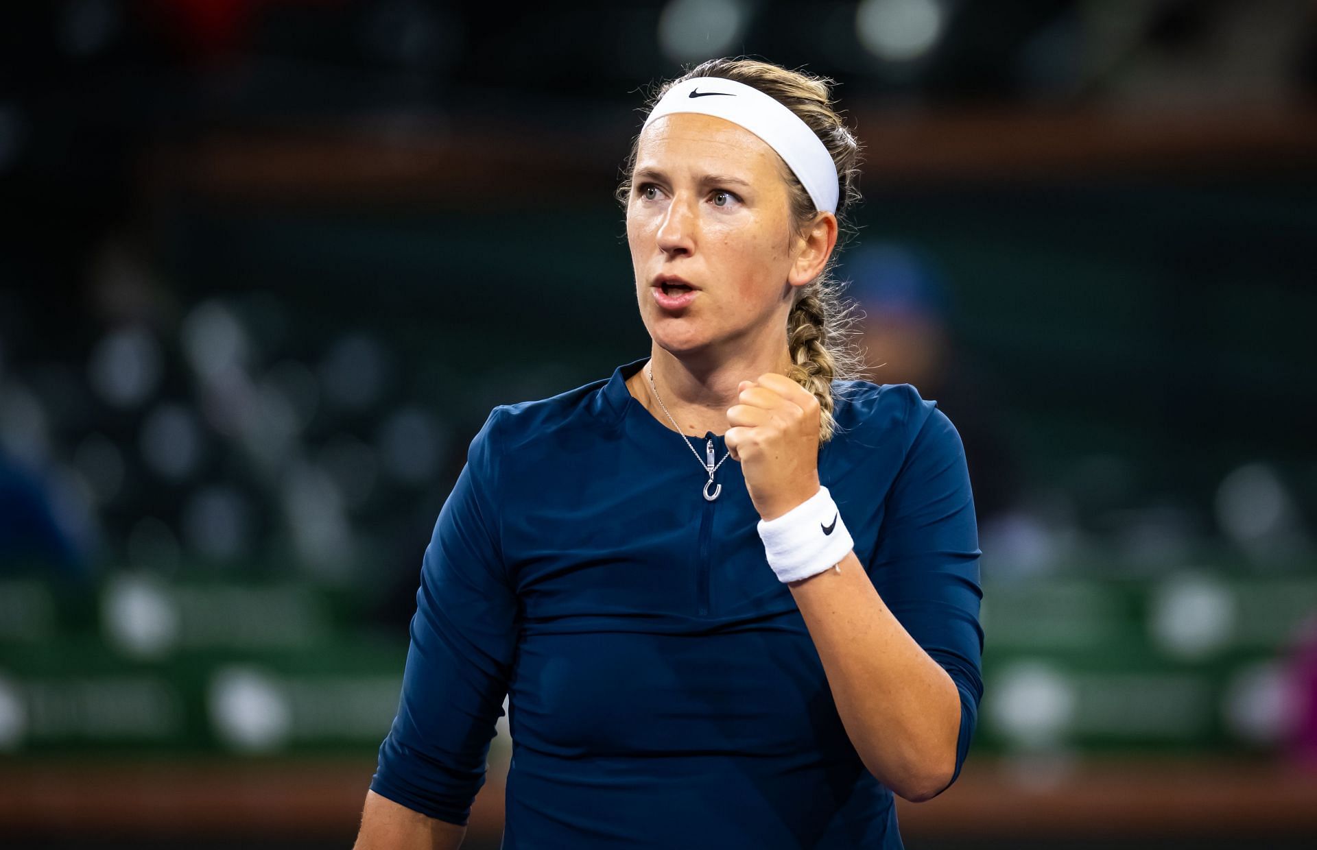 Azarenka reacts while playing against Qinwen Zheng in the second round on Day 3 of the BNP Paribas Open - Source: Getty