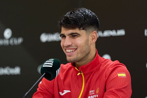 Alcaraz pictured speaking at a press conference [Image Source: Getty Images]