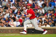 Bryce Harper in action against the Chicago Cubs at Wrigley Field - Source: Getty
