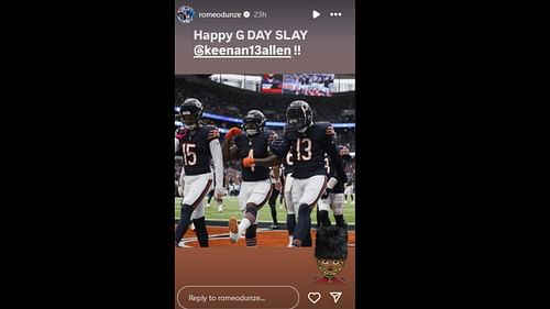 Odunze celebrated fellow wide receiver Keenan Allen on his birthday. (Photo via Instagram Story)