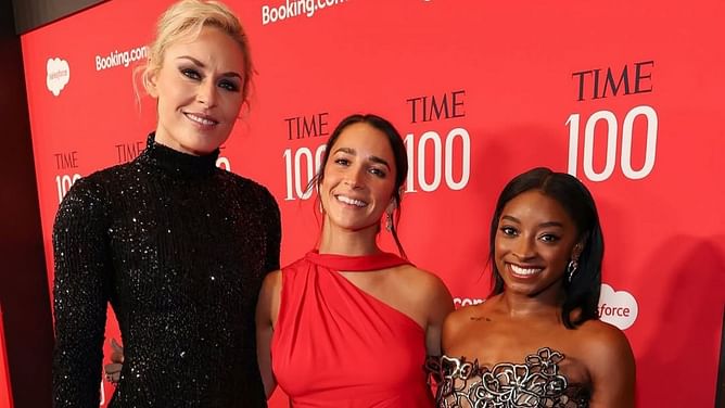 Aly Raisman turn heads in red dress at Time100 Gala event while posing alongside Simone Biles and Lindsey Vonn