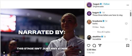 Olivia Dunne had a brief but remarkable comment about the hype video voiced over by Skenes (lsugym/Instagram)