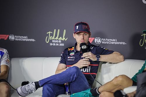 Max Verstappen participates in a news conference ahead of the Formula 1 Saudi Arabia Grand Prix, April 17, 2025. - Source: Getty