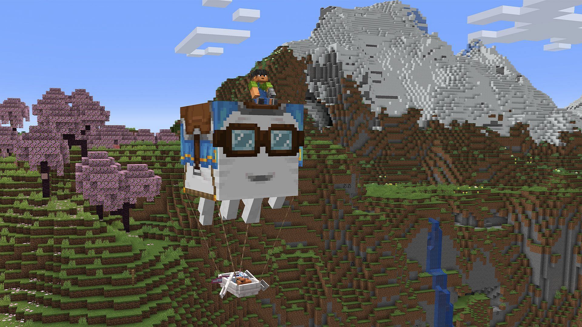 The happy ghast can be used to fly around the Minecraft world (Image via Mojang Studios)