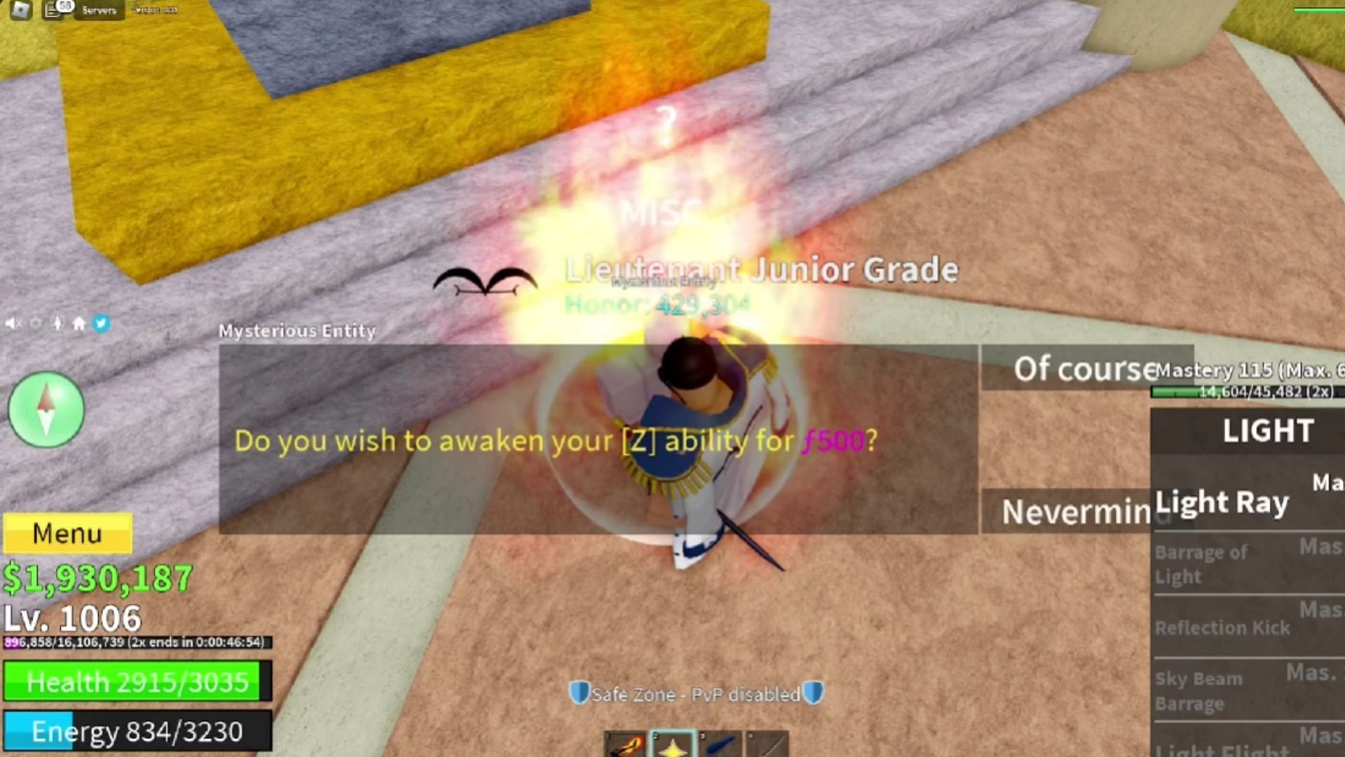 Interact with the Mysterious Entity to awaken your Blox Fruit (Image via Roblox // YouTube@TopsoonGaming)