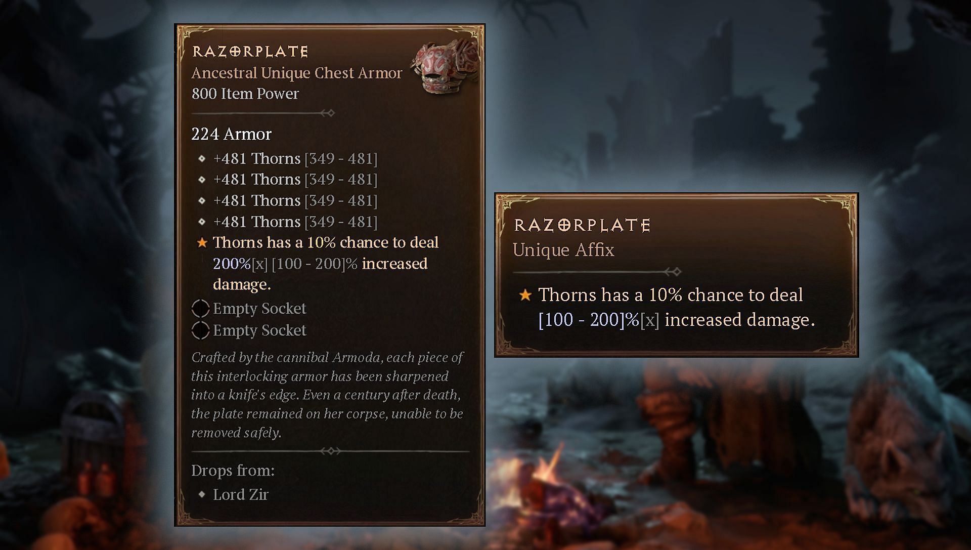 Stats and Unique Effect of the Razorplate Unique Armor (Image via Blizzard Entertainment)