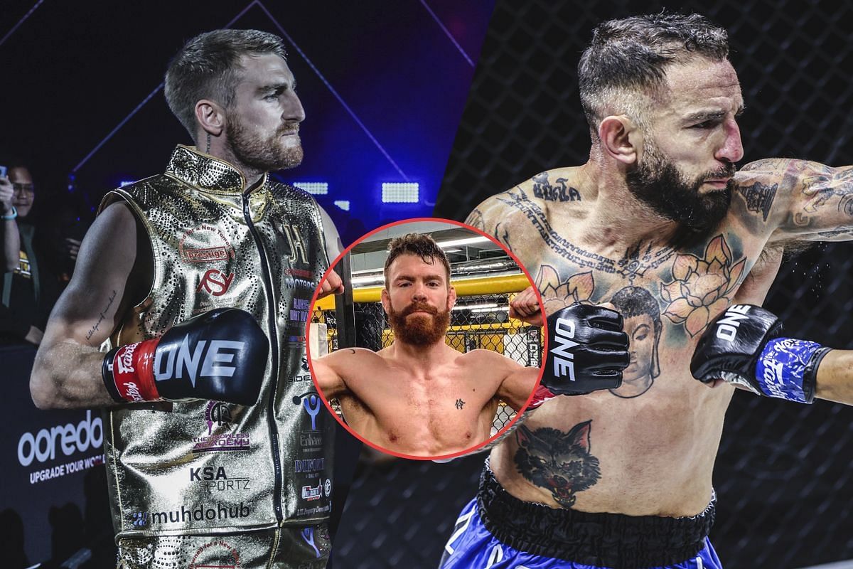 Jonathan Haggerty (left), Liam Harrison (right), and Paul Felder (circle inset). [Photos from ONE Championship, Paul Felder