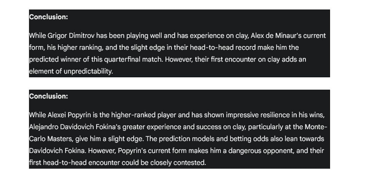 Gemini AI's prediction for Grigor Dimitrov and Alexei Popyrin's matches.