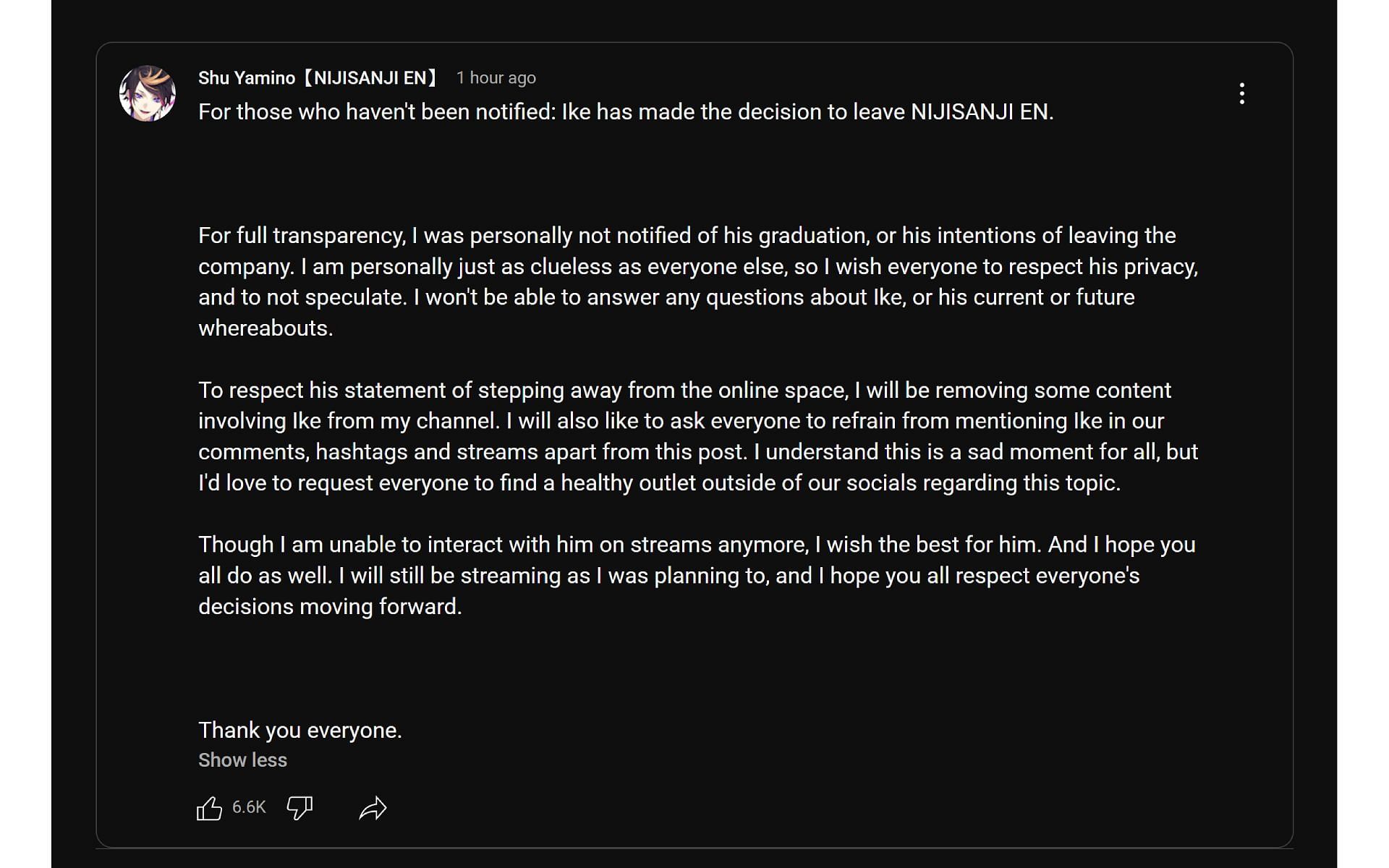 VTuber Shu Yamino&#039;s update on Ike Eveland&#039;s graduation (Image via youtube.com)