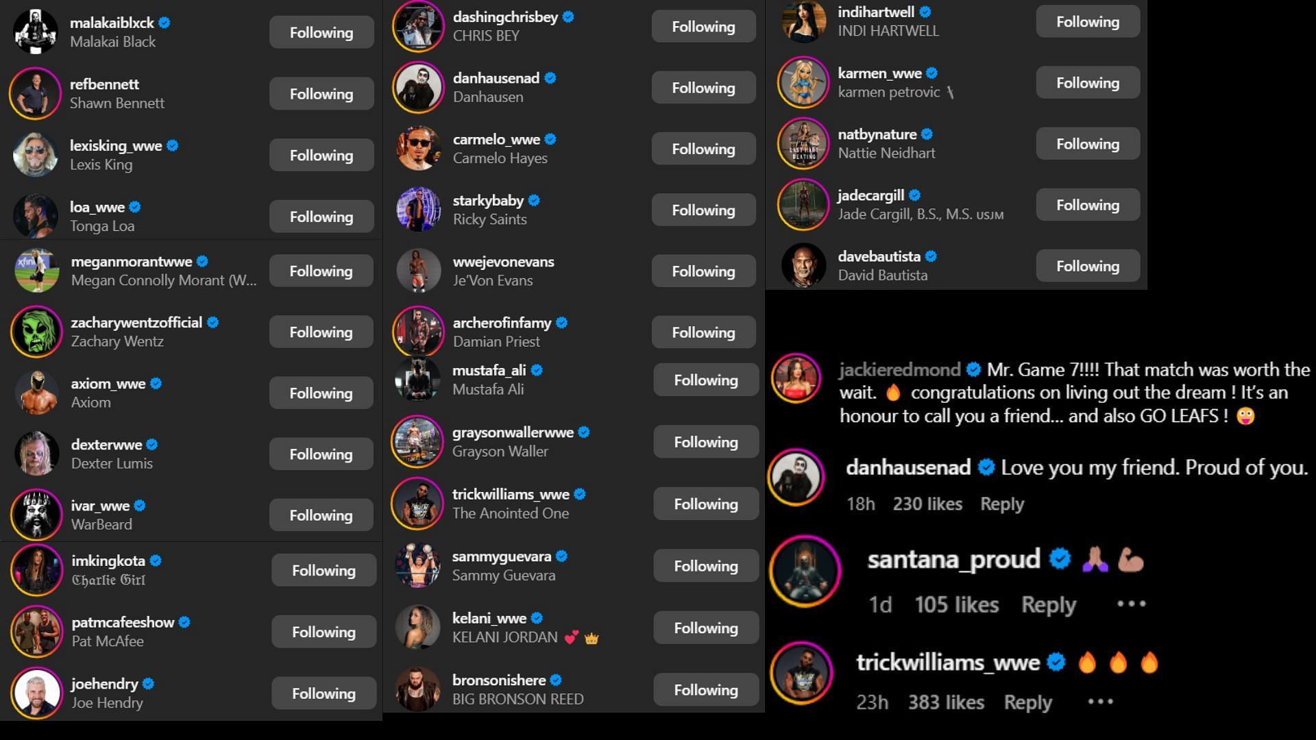 Screenshots of stars&#039; likes and comments [Image credits: CM Punk&#039;s Instagram handle]