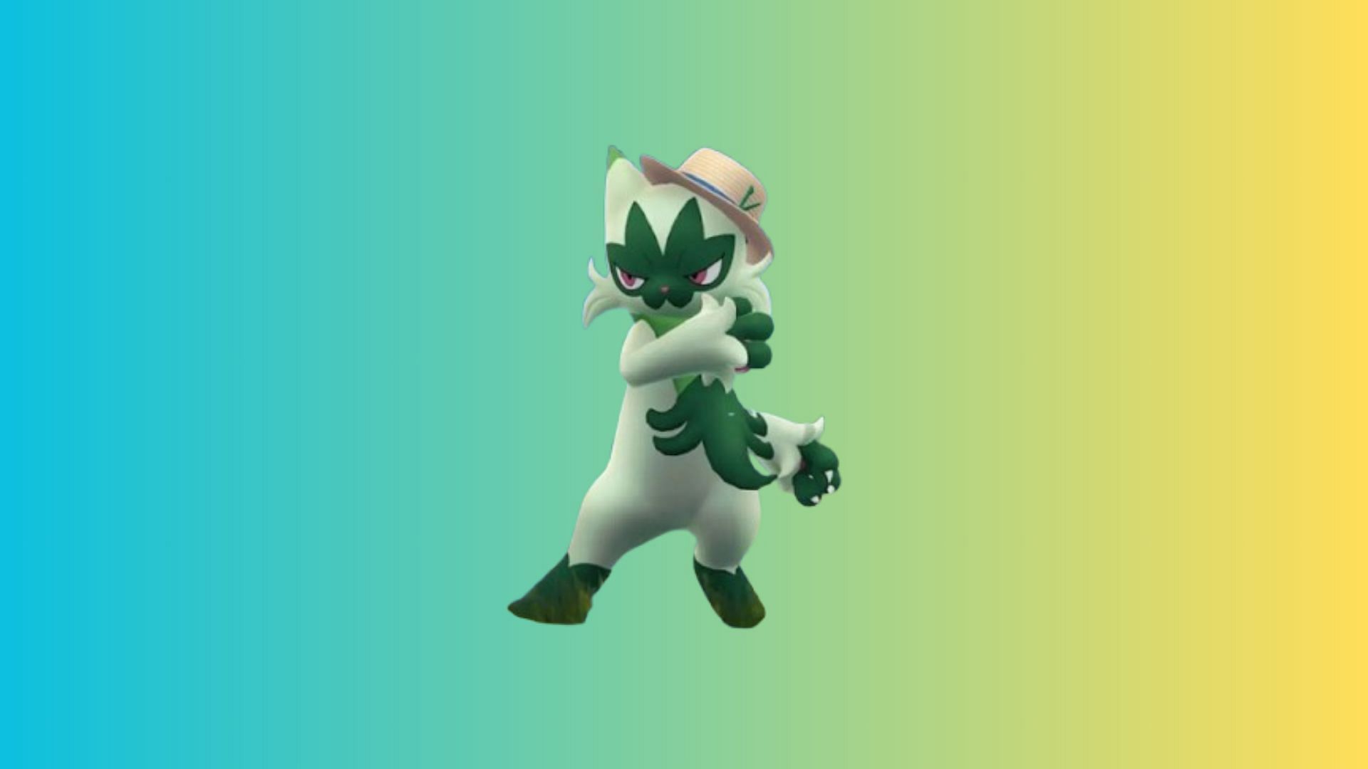 Floragato wearing a hat with Liko&rsquo;s pin in Pokemon GO (Image via The Pokemon Company)