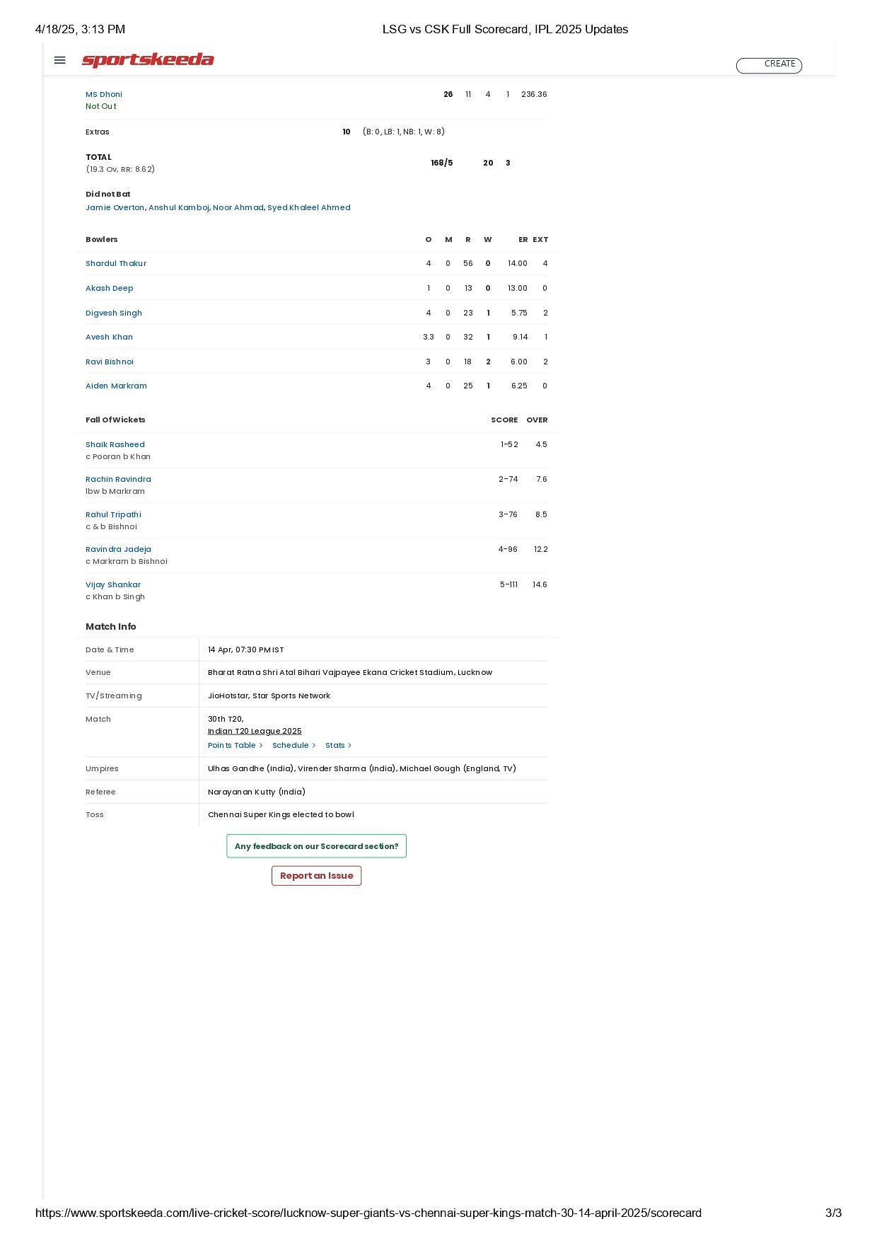 LSG vs CSK 2025 scorecard.