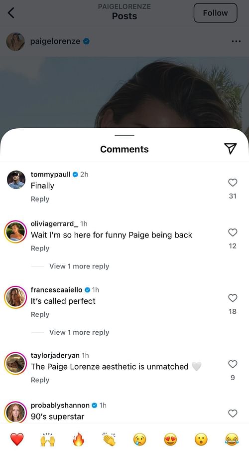 Tommy Paul leaves a comment on his girlfriend's post - Image Source: @Lorenze Instagram