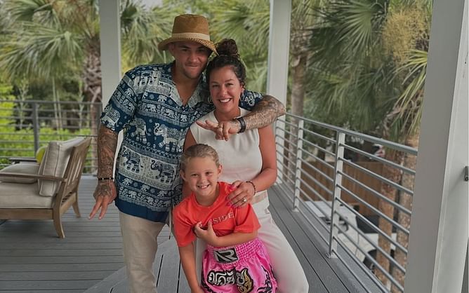 Photo: Dustin Poirier's wife Jolie shares adorable family photo from UFC 314 with daughter Parker Noelle and 'The Diamond' in desk analyst setting