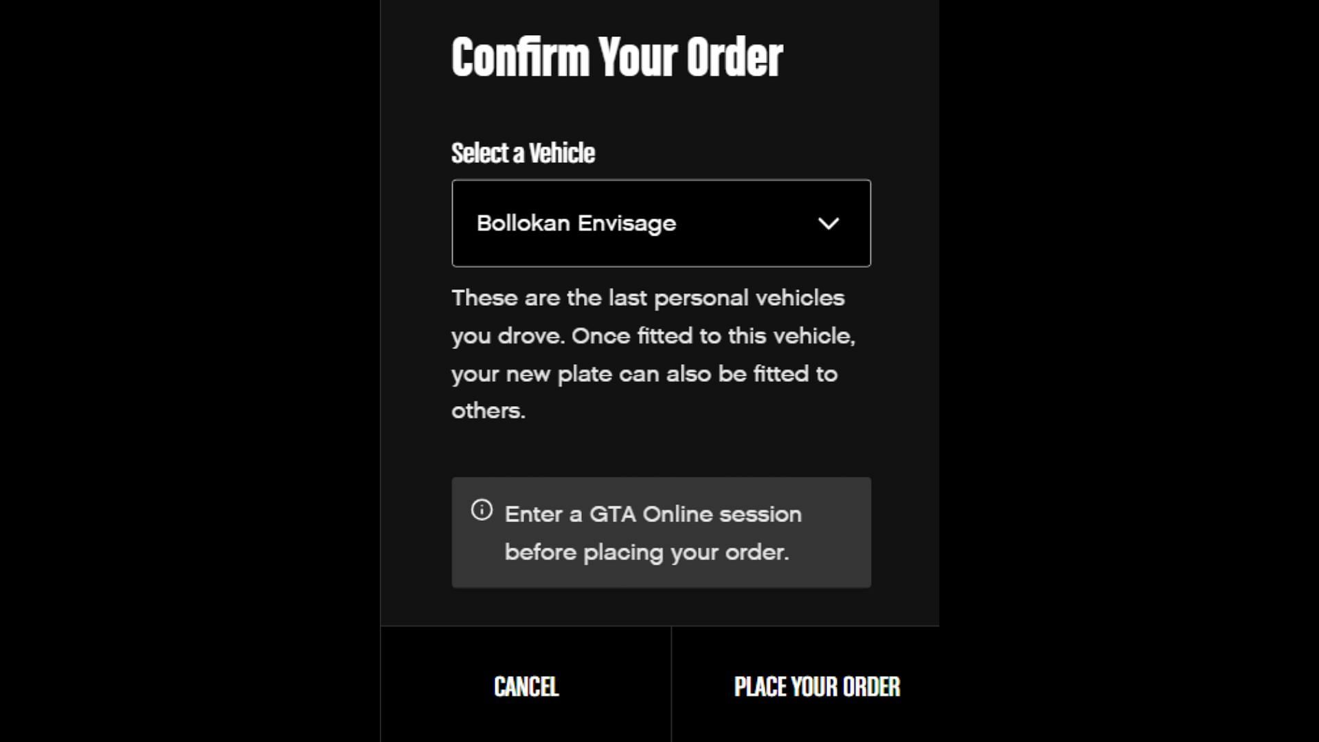 Select a vehicle to order the license plate for and confirm the order (Image via Rockstar Games)