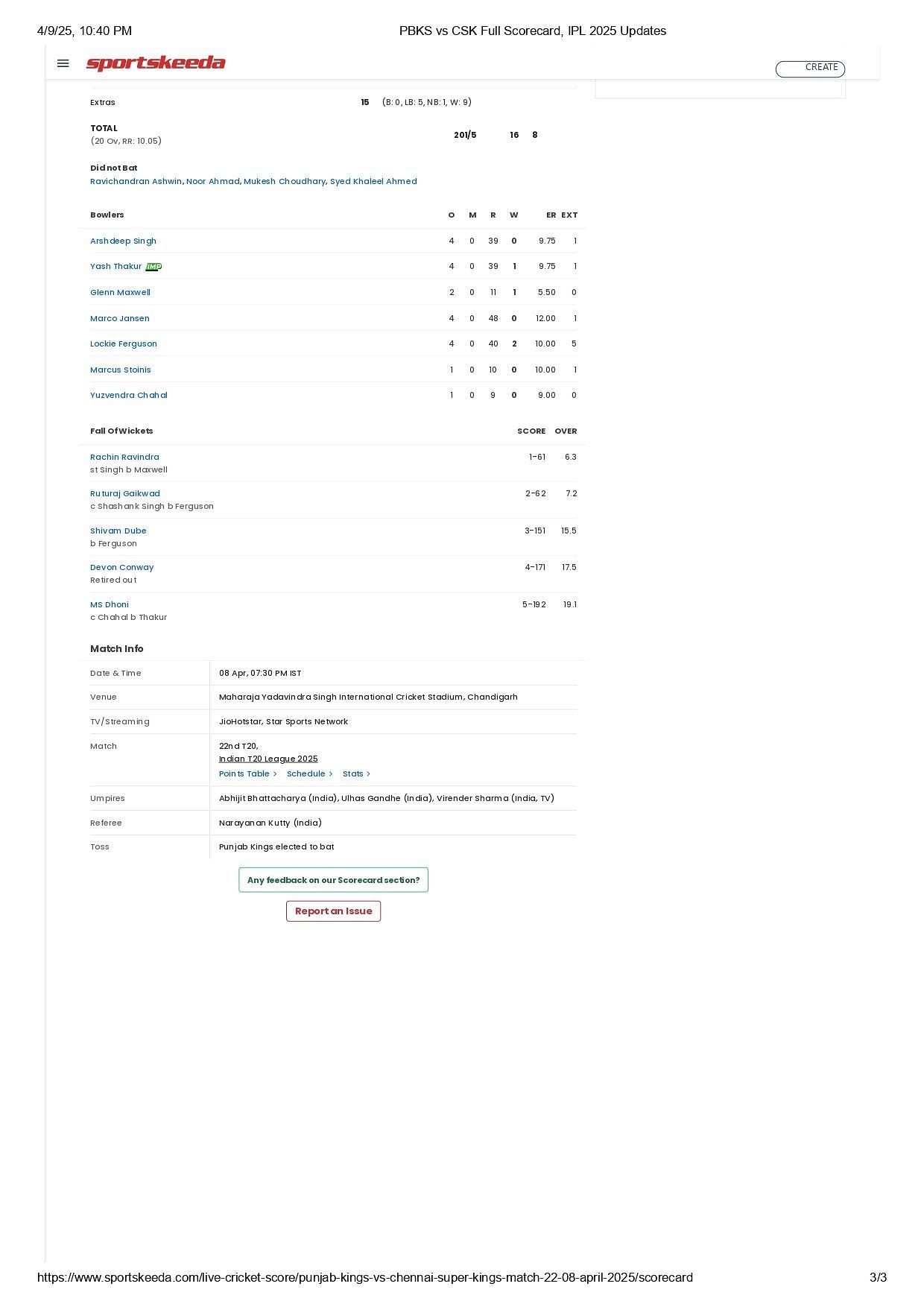 CSK vs PBKS 2025 scorecard.
