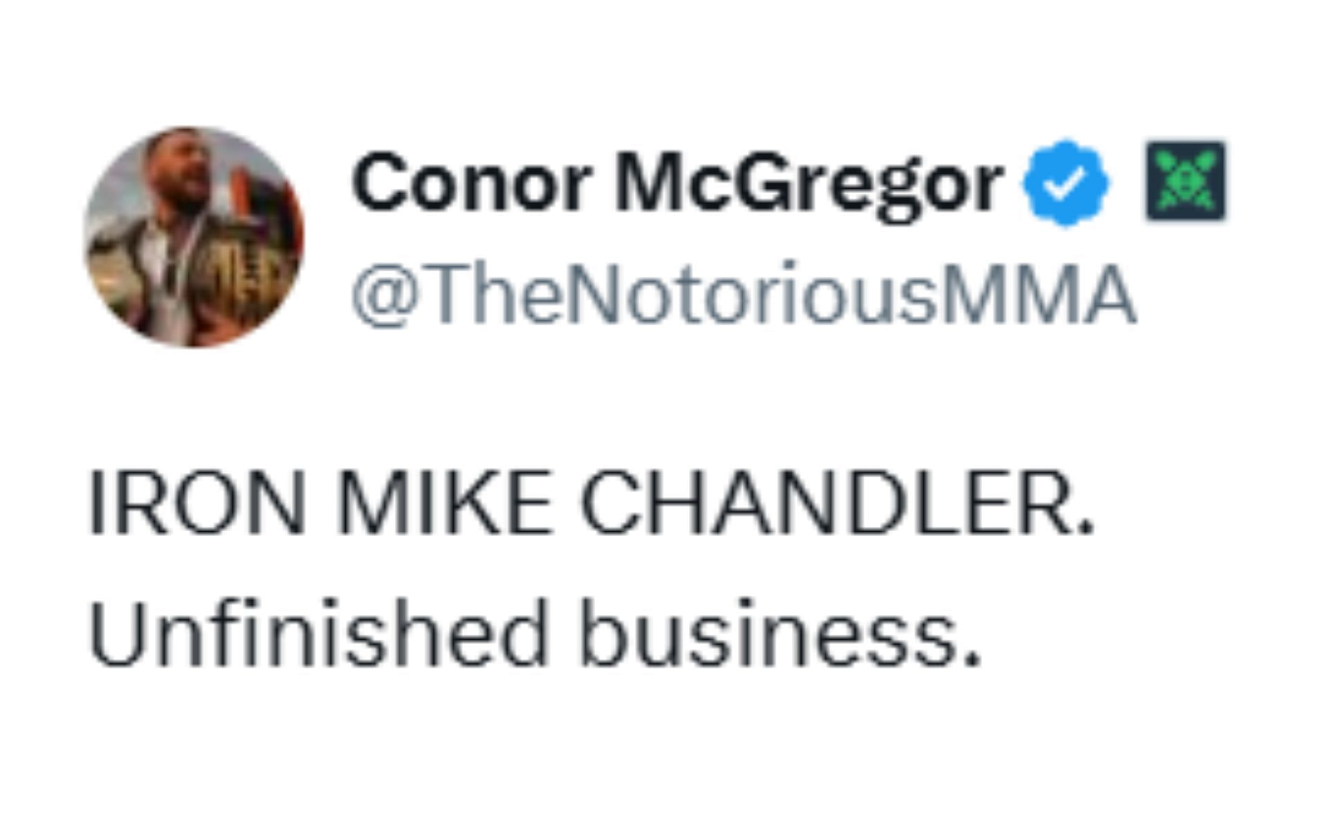 Screenshot of McGregor&#039;s X post. [Screenshot courtesy: @TheNotoriousMMA on X]