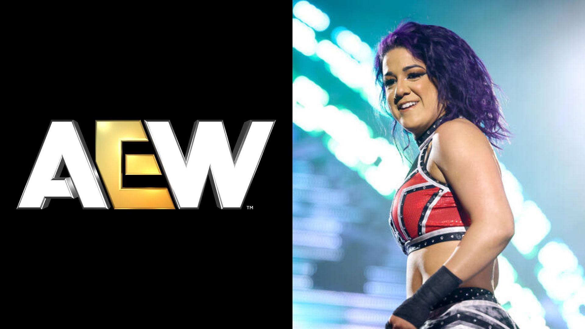 AEW logo (left) and WWE star Bayley (right). (Image credits: AEW Facebook page &amp; wwe.com)