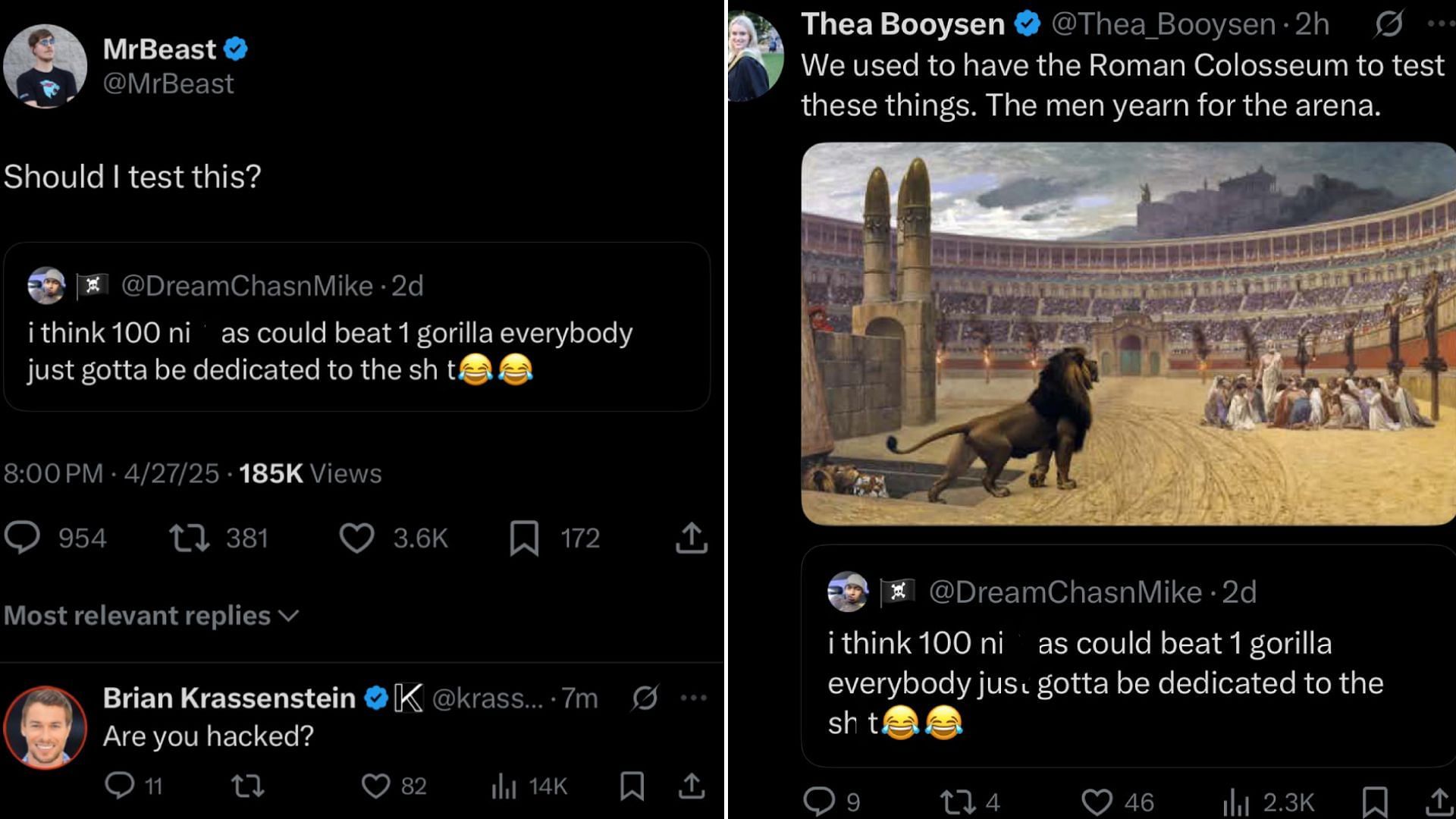 The posts from MrBeast and his fianc&eacute;e Thea Booysen (Image via @DramaAlert/X)