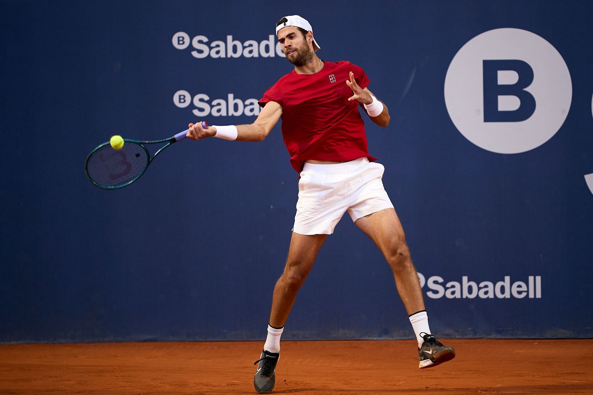 Karen Khachanov plays a forehand shot against Cameron Norrie of Great Britain in the Men&#039;s Singles first-round match during day two of the Barcelona Open. Source: Getty