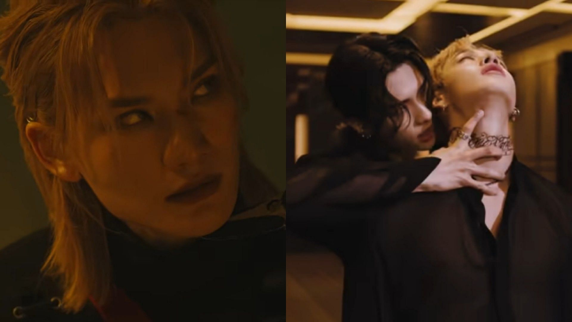Jeremy Lee in Tie Me Now music video and Bang Chan and Hyunjin in Red Lights music video (Image via YouTube/@MIRRORweare and @StrayKids)